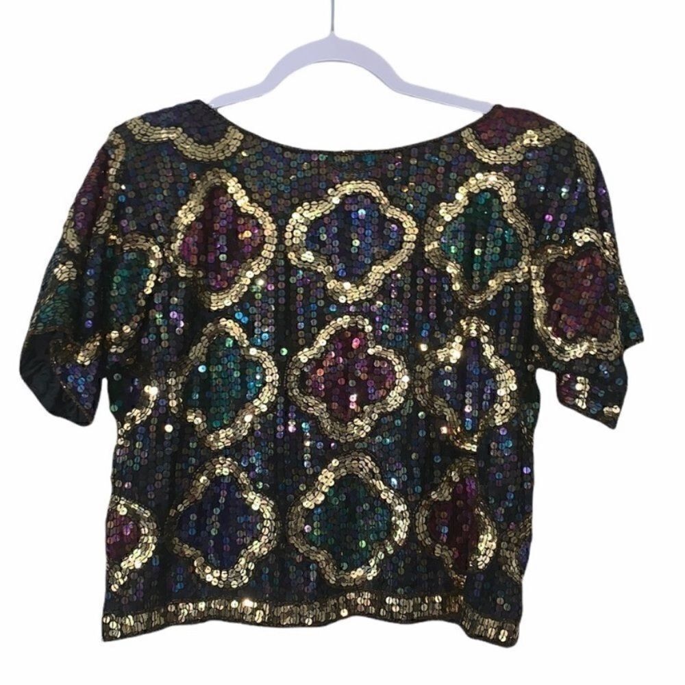 100% Silk Sequin Crop Vintage Blouse Size Medium